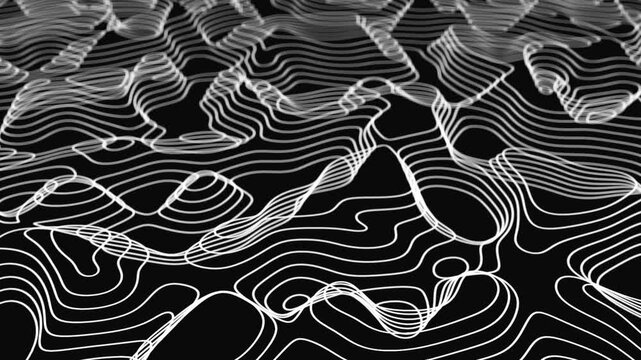 Seamless loop animation of white contour lines forming abstract terrain on black background. Topographic map style, perfect for tech, digital, or science-related projects.