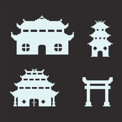 this is chinese architecture icon set in pixel art with white color and black background this item good for presentations,stickers, icons, t shirt design,game asset,logo and your project.