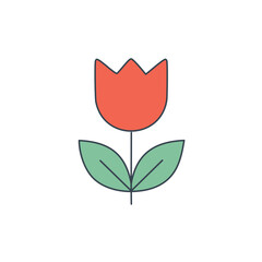 A stylized illustration of a vibrant red tulip with green leaves