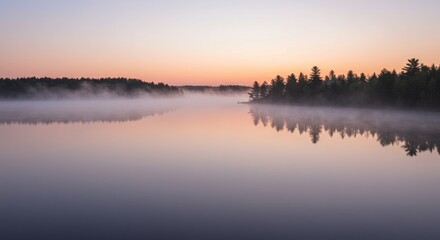Fototapeta premium Serene Sunrise over Misty Lake with Reflections