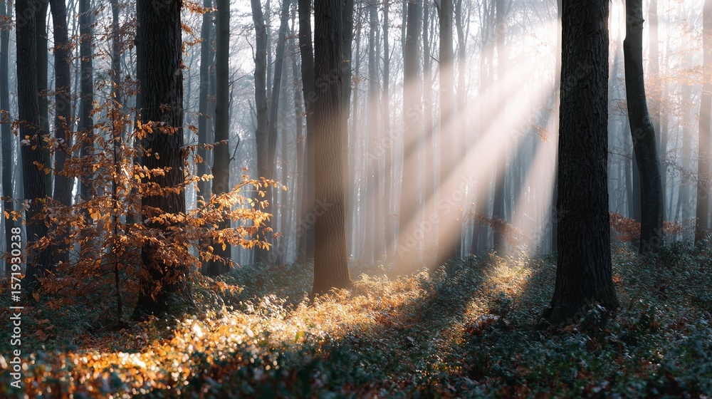 Poster sunlight streaming through trees in a serene forest setting during early morning hours