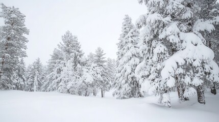 Snowcovered pine trees stand majestically in a serene winter forest