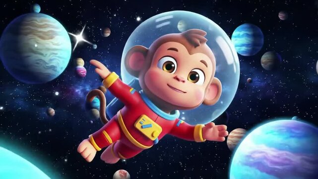 Adorable Astronaut Monkey Soaring Through Space Animated Adventure