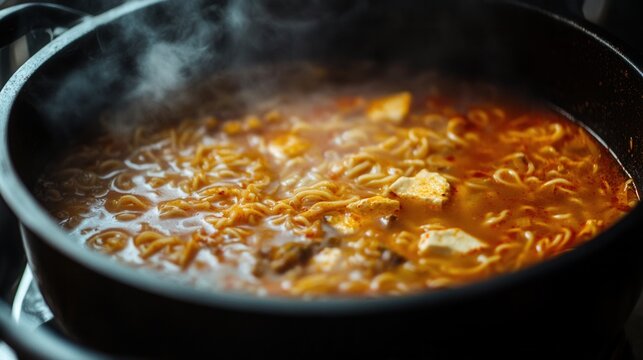 Steaming korean ramen noodles are cooking in a hot pot
