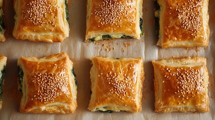 Overhead view of spinach filled puff pastries with sesame seeds on a baking sheet