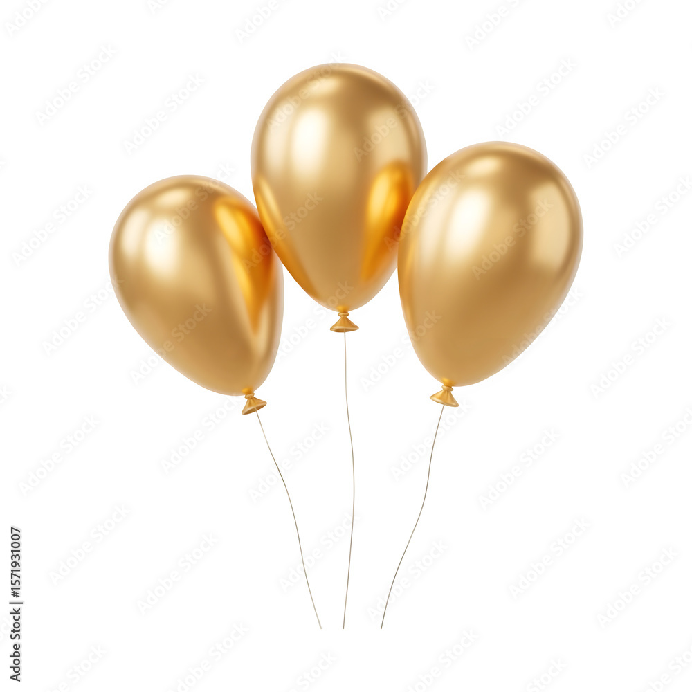 Poster three shiny golden balloons floating together on thin strings isolated on transparent background