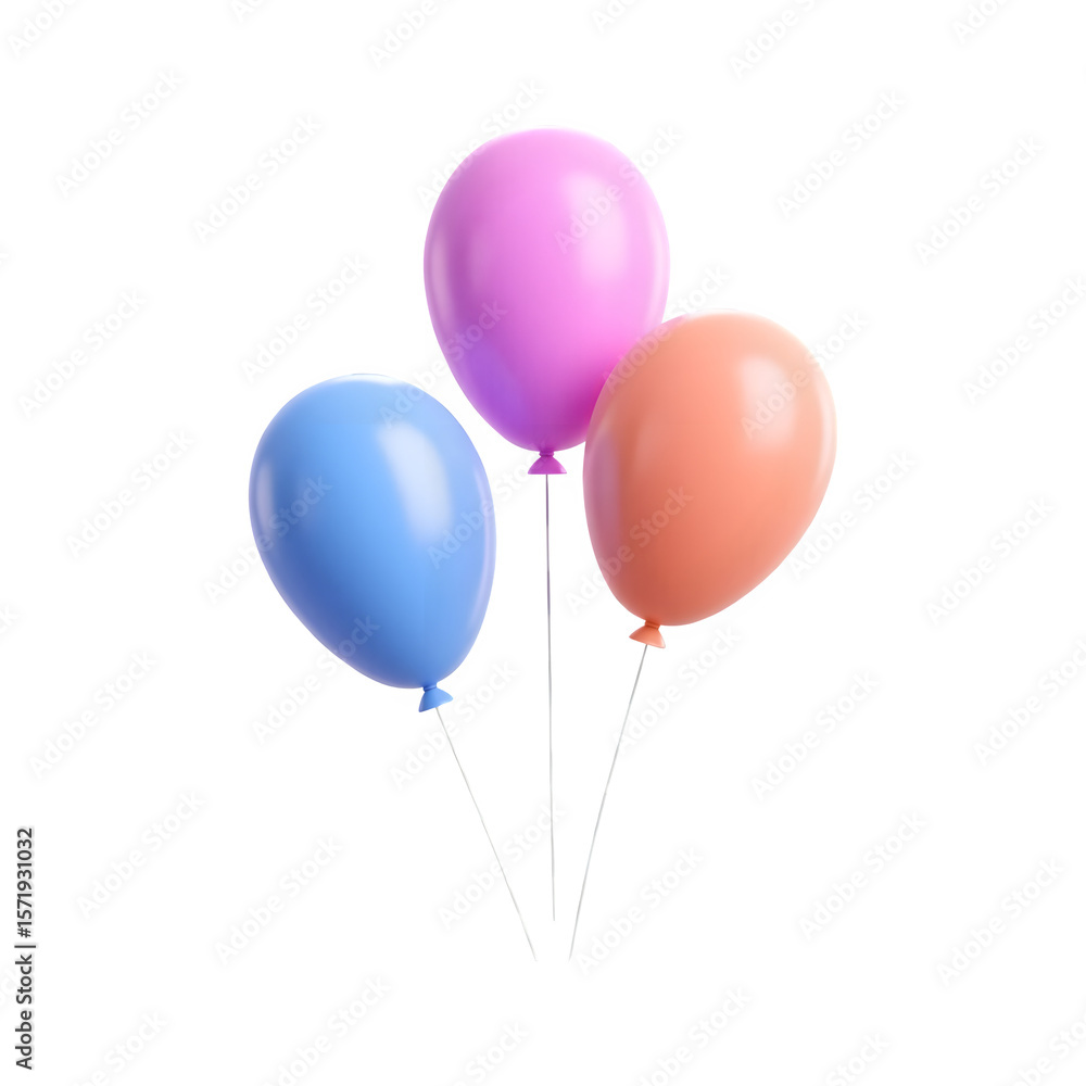 Poster three colorful balloons floating together with white strings isolated on transparent background