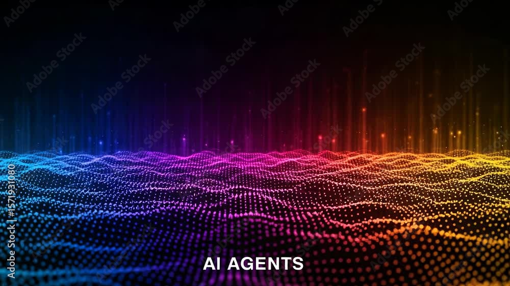 Poster A vibrant abstract background with waves and particles represents the complex network of ai agents and their data processing capabilities