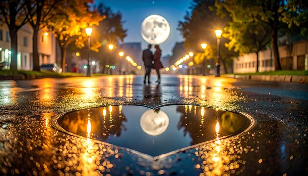 Romantic couple under a full moon, reflected in a heart-shaped puddle