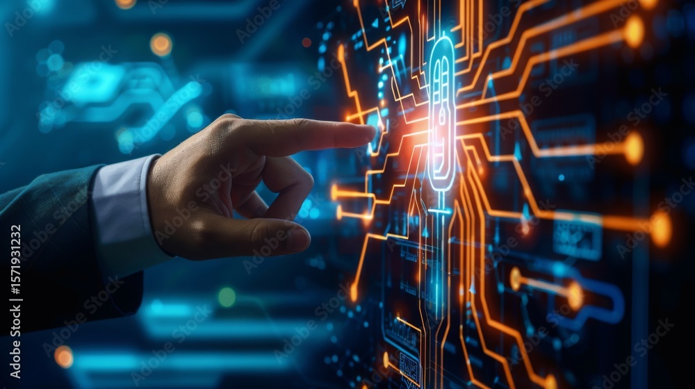 Poster a hand interacts with a digital interface displaying a glowing fingerprint scanner and circuit-like 