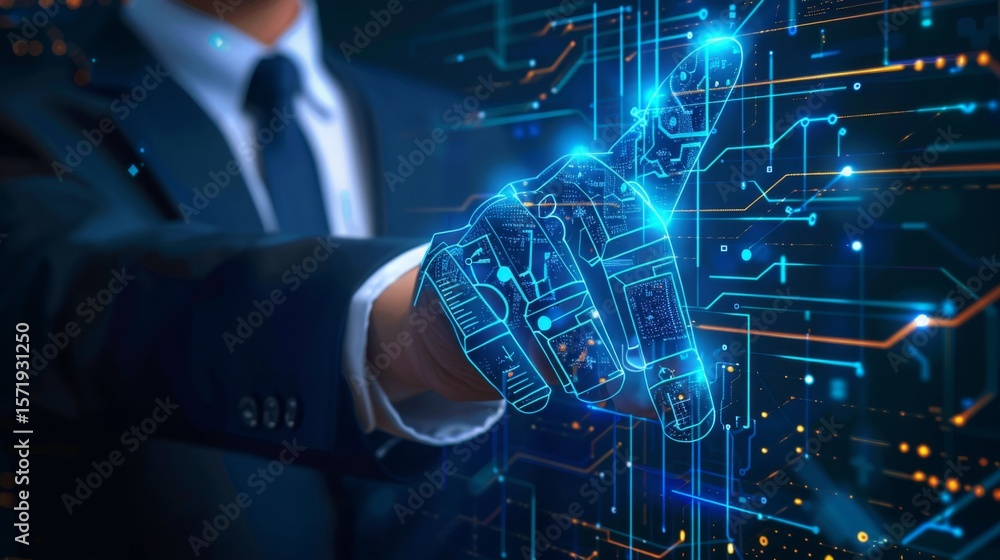 Poster a businessman interacts with a glowing digital interface symbolizing technology and innovation.