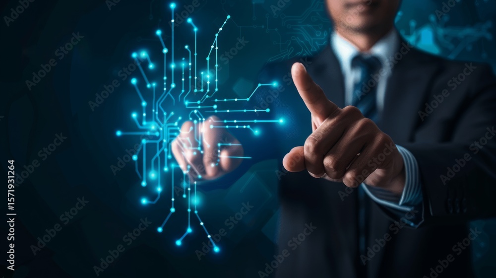 Poster a businessman in a suit interacts with a glowing digital circuit interface, symbolizing technology a