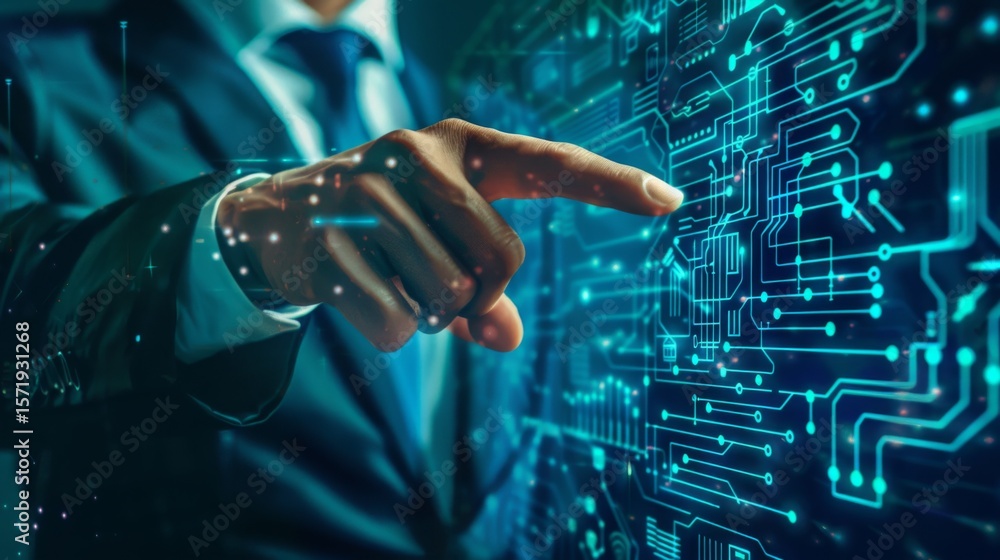 Poster businessman interacts with a digital touchscreen displaying a futuristic circuit board interface in 