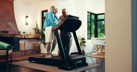 Laughing, treadmill and walking with senior couple in living room of home for health or wellness. Funny, physiotherapy and rehabilitation with old people in apartment for cardio exercise or fitness