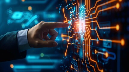 A hand interacts with a digital interface displaying a glowing fingerprint scanner and circuit-like connections, symbolizing biometric security and technology.