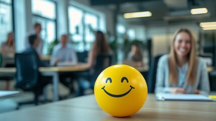 A yellow stress ball with a smiling face sits on a desk in a modern office, with blurred colleagues interacting in the background.