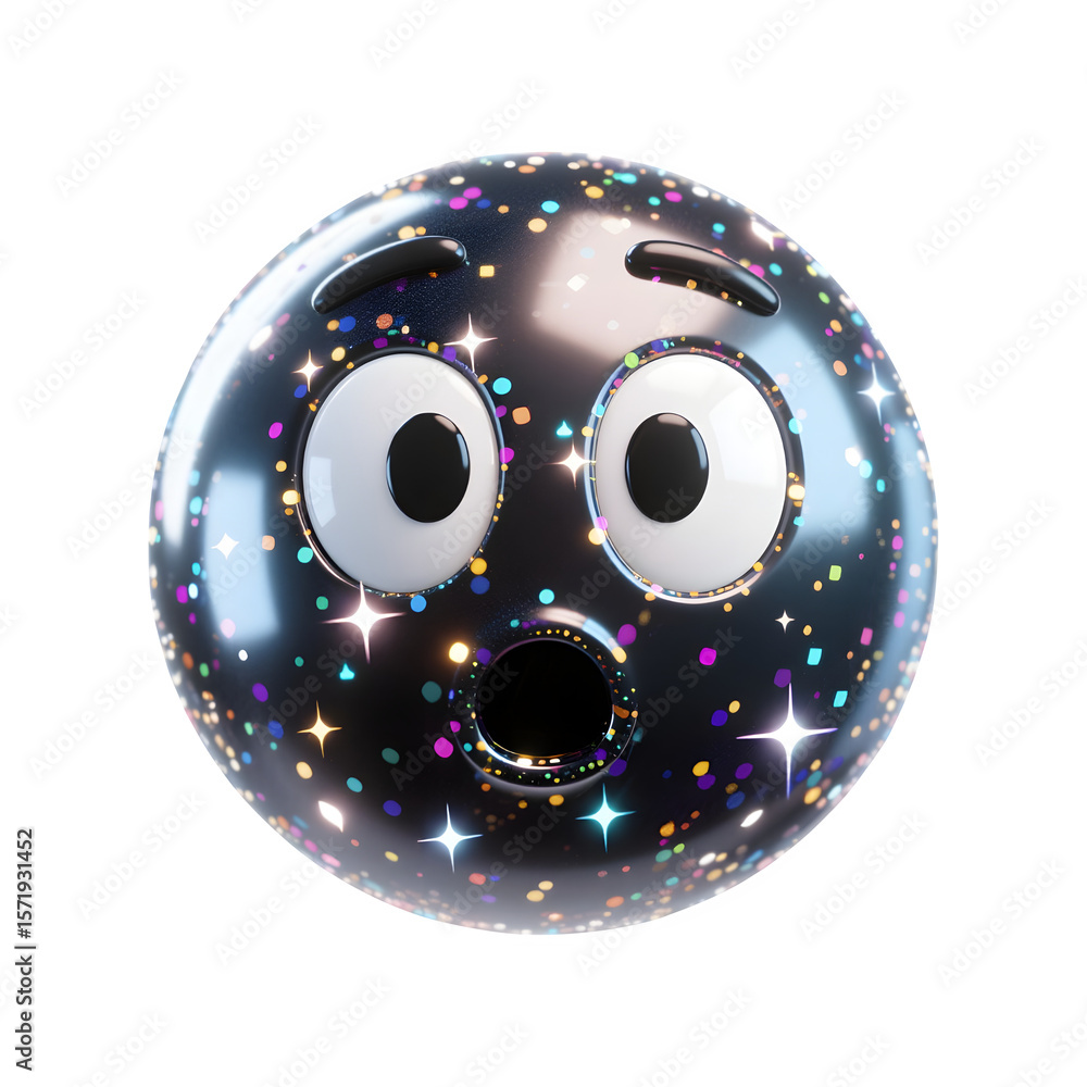 Poster surprised emoji face with sparkling confetti and starry highlights isolated on transparent backgroun