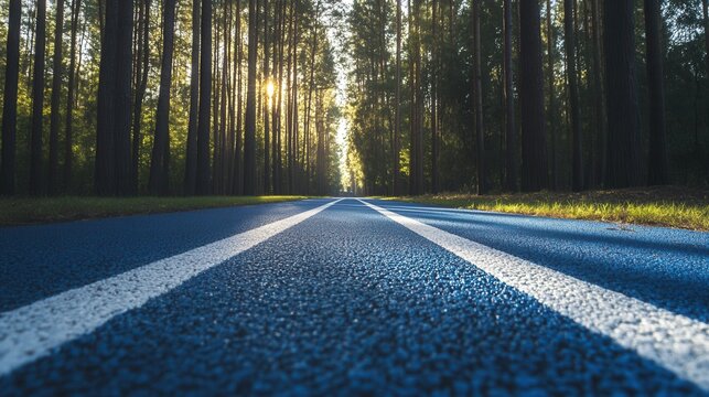 A blue running track stretches through a forest towards the sunlight