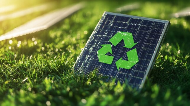 A solar panel with a green recycling symbol rests on vibrant grass under sunlight, symbolizing renewable energy and environmental sustainability.