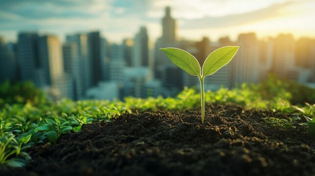 A small green plant seedling grows in rich soil with a vibrant city skyline and warm sunrise in the background, symbolizing urban growth and environmental sustainability.