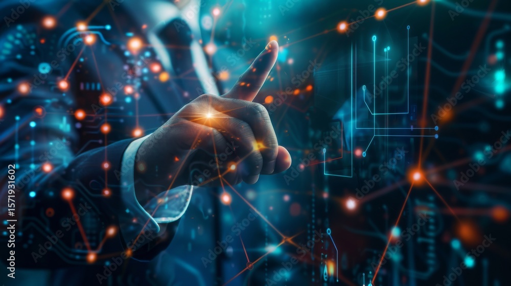 Poster a businessperson interacts with a futuristic digital interface displaying data and network connectio