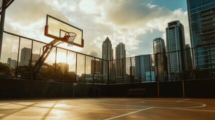 An outdoor basketball court stands against a city skyline at sunset