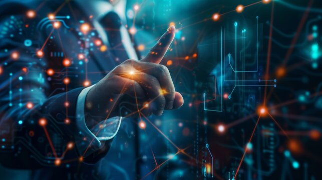 A businessperson interacts with a futuristic digital interface displaying data and network connections, symbolizing advanced technology and innovation. - Powered by Adobe