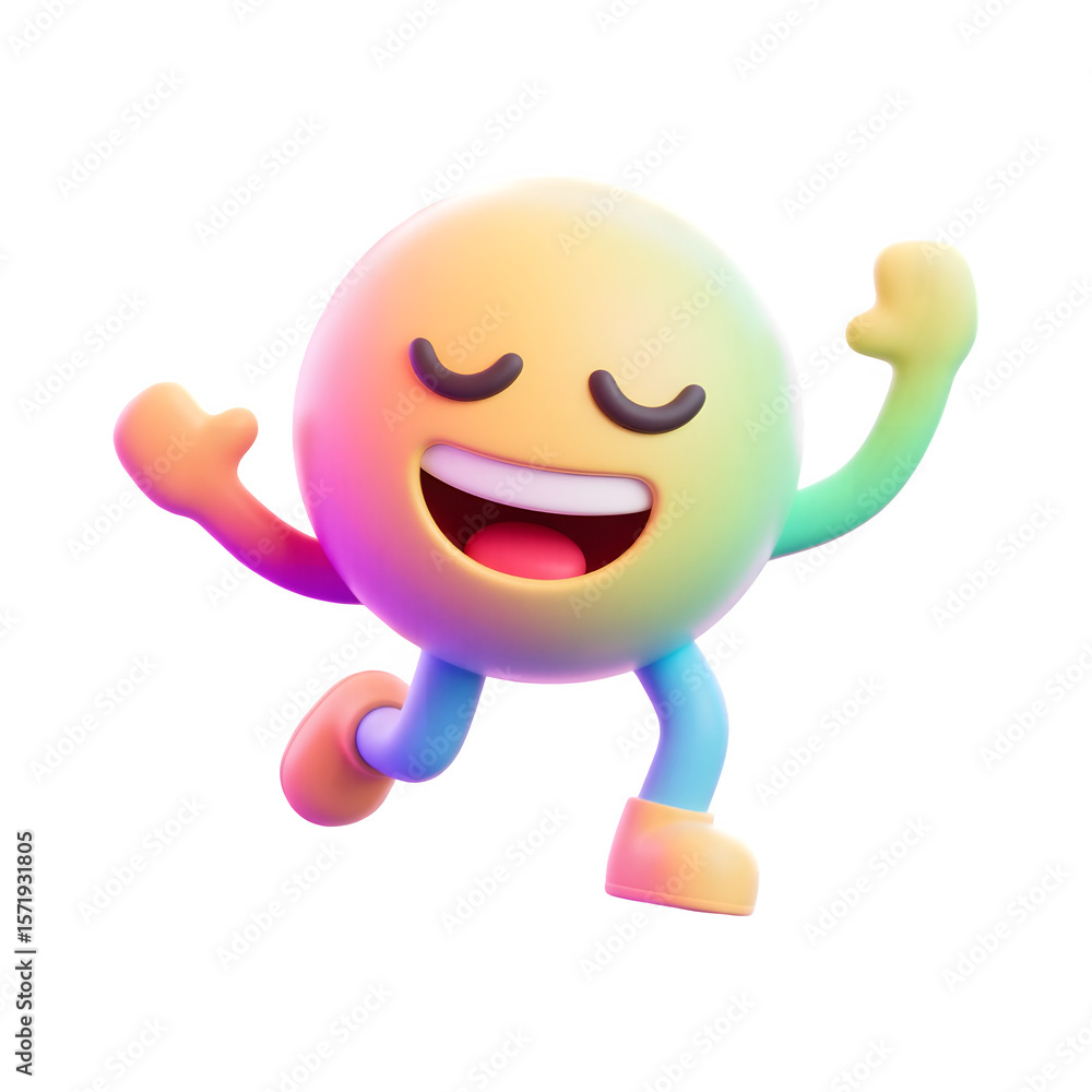 Poster joyful 3d character with rainbow gradient and closed eyes isolated on transparent background