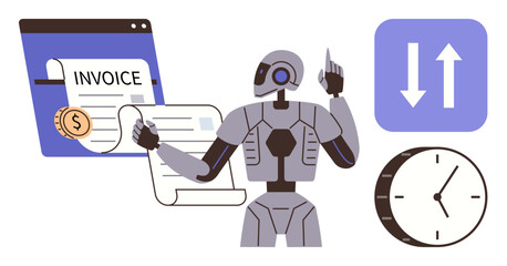 Robot managing invoices with a coin, clock, and data transfer symbol. Ideal for finance, AI, technology, automation, time management data processing efficiency. Simple flat metaphor