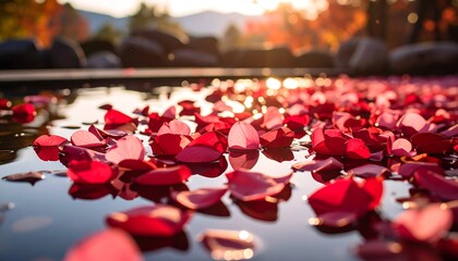 Rose petals float on water, autumn sun
