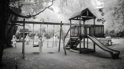Black and white abandoned playground swing in the old park near the bridge