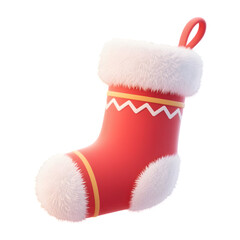 Festive red christmas stocking with white fur trim and yellow accents isolated on transparent background