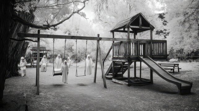Black and white abandoned playground swing in the old park near the bridge