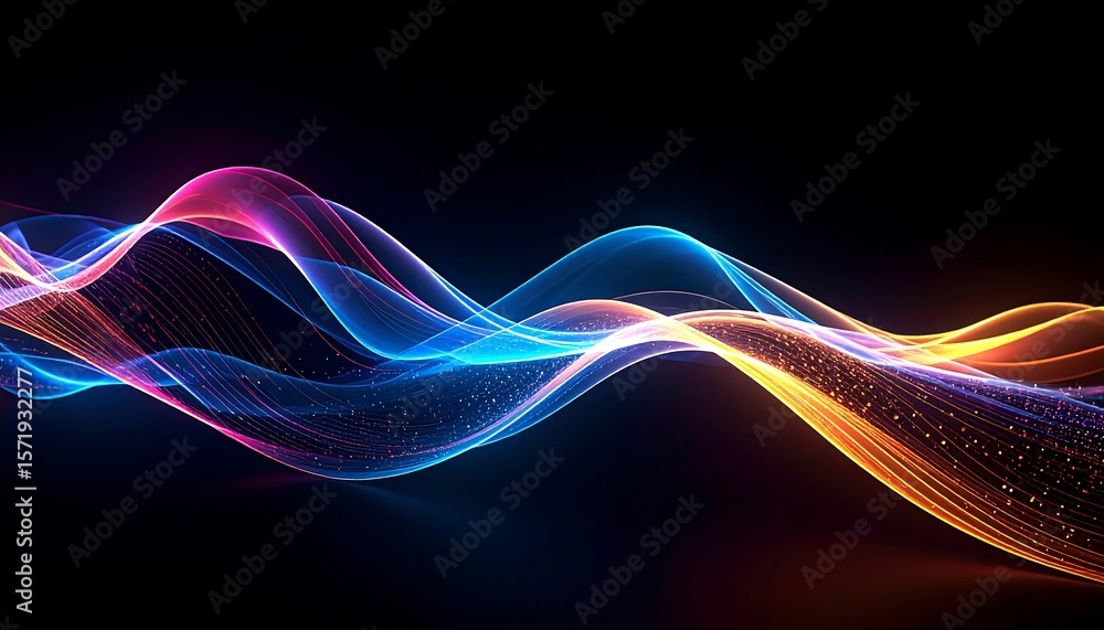 Poster abstract wavy lines with glowing particles on dark background
