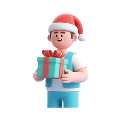 Happy cartoon boy wearing santa hat holding a christmas gift isolated on transparent background