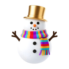 Cheerful snowman wearing a golden top hat and colorful striped scarf isolated on transparent background
