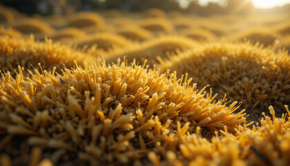 Close-up Yellow Grass Field with Warm Sunlight and Soft Texture