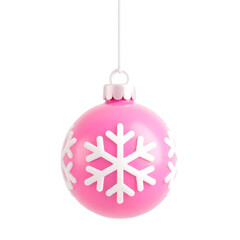 A festive pink christmas ornament with white snowflake designs hanging on a string isolated on transparent background