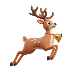Cute cartoon reindeer with white spots and a golden bell isolated on transparent background