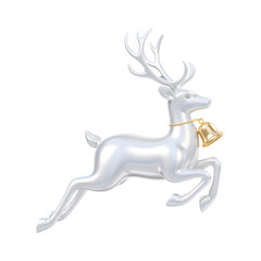 Shiny white reindeer with golden bell jumping isolated on transparent background