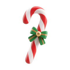Festive 3d rendered candy cane with green bow and gold accent isolated on transparent background