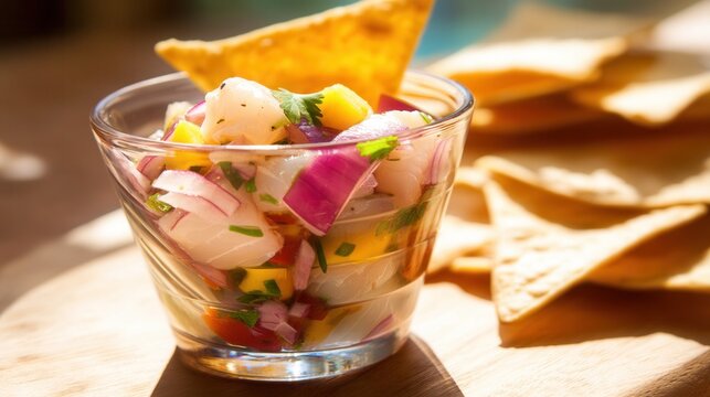 A glass of ceviche with mango and chips is served on a wooden board