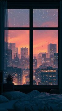 Illustration of a city skyline at twilight on a rainy day, view from a large bedroom window
