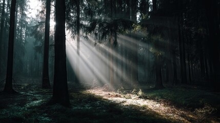 Obraz premium Sunbeams pierce through the dense forest, illuminating the ground with ethereal light