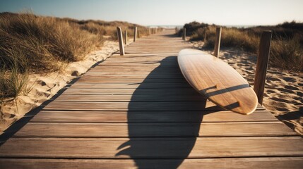A surfboard lies on a wooden boardwalk leading to the beach