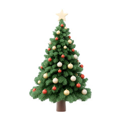 Festive green christmas tree decorated with red and gold baubles and a star isolated on transparent background