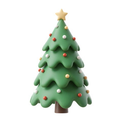 Cute 3d cartoon christmas tree with ornaments and star isolated on transparent background