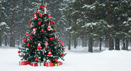 Christmas snowy background, tree with red balls and knitted toys in forest