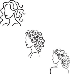 Three minimalist line drawings of female silhouettes with wavy hair.