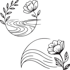 Two minimalist floral designs feature stylized flowers and leaves in black and white.  